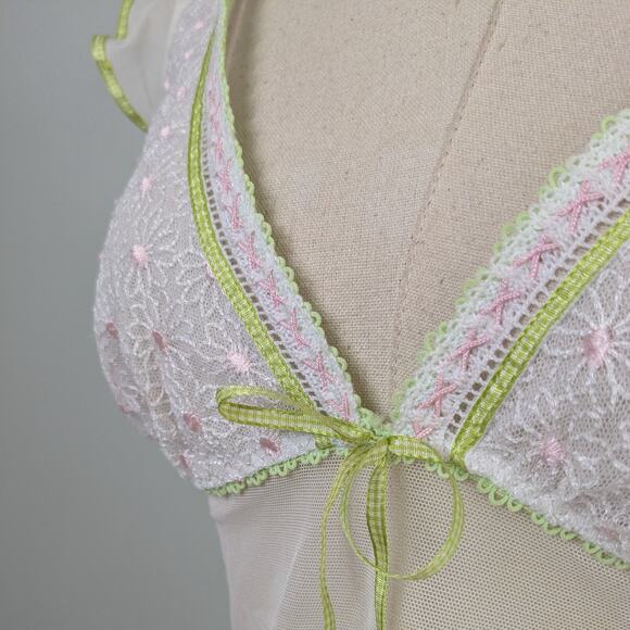 Y2K Sheer Slip Babydoll M Cream Green Vintage Floral Lace Fairy Dainty Nightgown - Picture 1 of 13